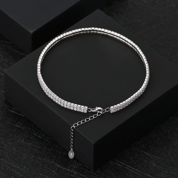 Wholesale Women's Simple Geometric S925 Sterling Silver Double Row Zircon Adjustable Anklet Jewelry