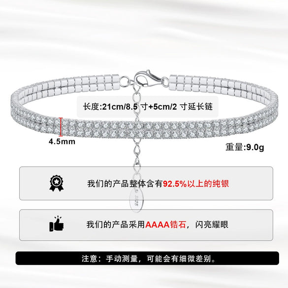 Wholesale Women's Simple Geometric S925 Sterling Silver Double Row Zircon Adjustable Anklet Jewelry