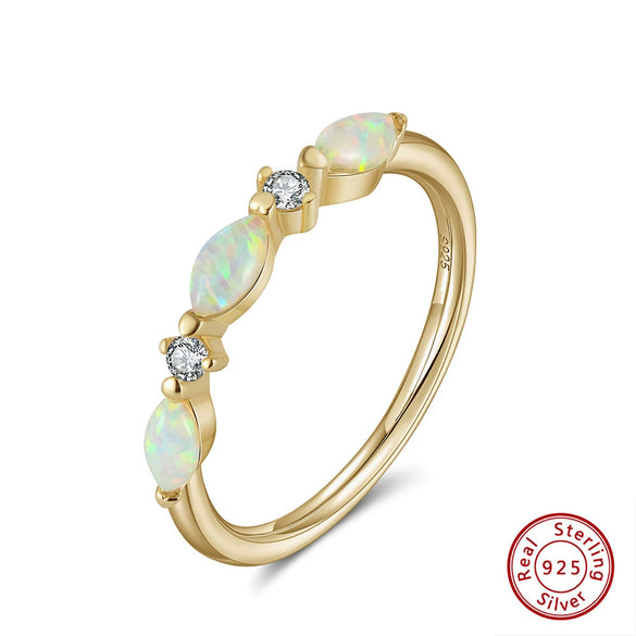 Wholesale Women's Simple Geometric S925 Sterling Silver Ring With Inlaid Zircon And Horse Eyeshaped Opal