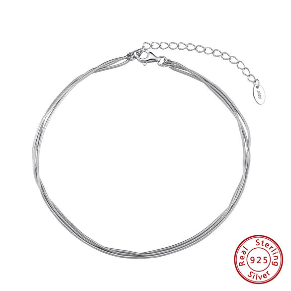 Wholesale Women's Simple Geometric S925 Sterling Silver Threelayer Snake Bone Chain Anklet