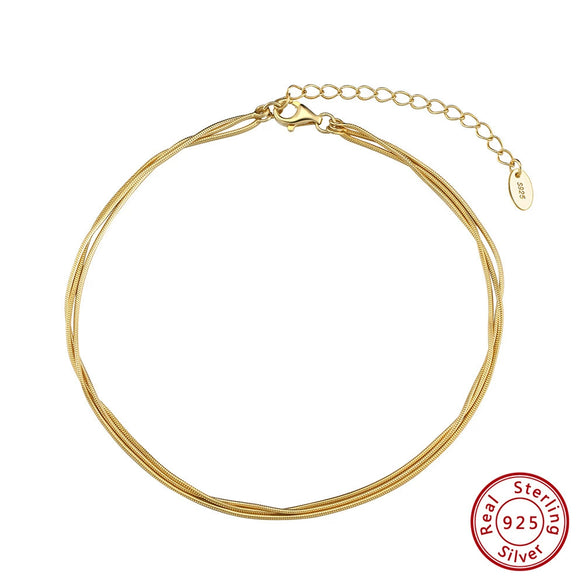 Wholesale Women's Simple Geometric S925 Sterling Silver Threelayer Snake Bone Chain Anklet