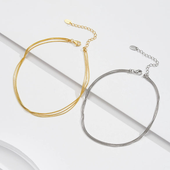 Wholesale Women's Simple Geometric S925 Sterling Silver Threelayer Snake Bone Chain Anklet