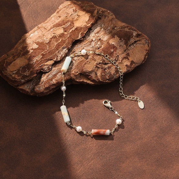 Wholesale Women's Simple Geometric Shoushan Stone Pearl Natural Stone Bracelet With S925 Silver Chain Electroplated Design