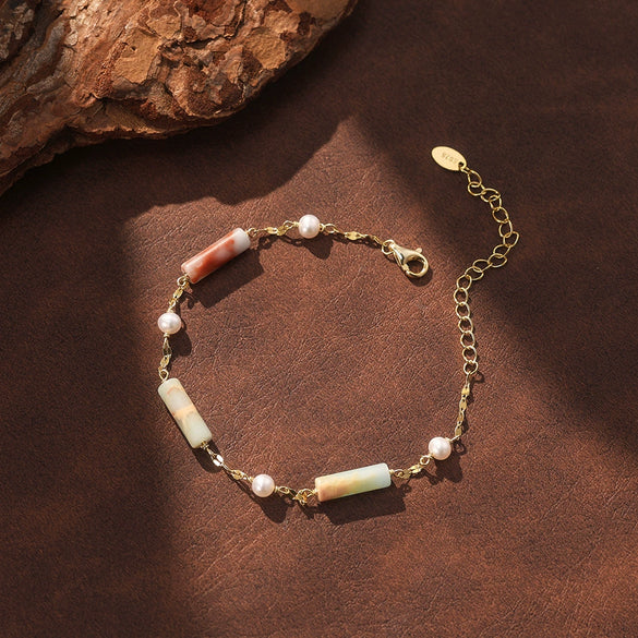 Wholesale Women's Simple Geometric Shoushan Stone Pearl Natural Stone Bracelet With S925 Silver Chain Electroplated Design