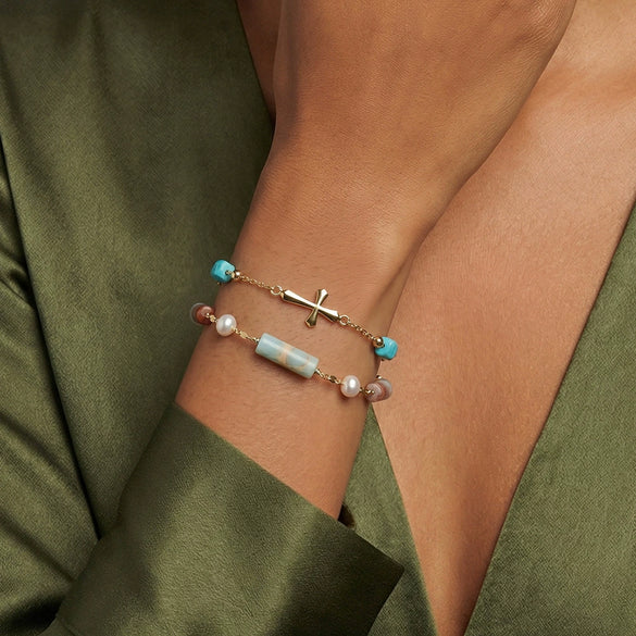 Wholesale Women's Simple Geometric Shoushan Stone Pearl Natural Stone Bracelet With S925 Silver Chain Electroplated Design