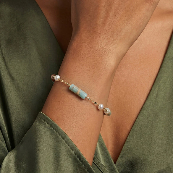 Wholesale Women's Simple Geometric Shoushan Stone Pearl Natural Stone Bracelet With S925 Silver Chain Electroplated Design