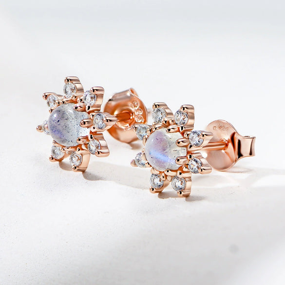 Wholesale Women's Simple Geometric Silver Diamond Treated Sunflower Natural Moonstone Earrings