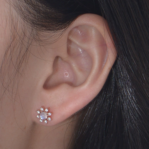 Wholesale Women's Simple Geometric Silver Diamond Treated Sunflower Natural Moonstone Earrings