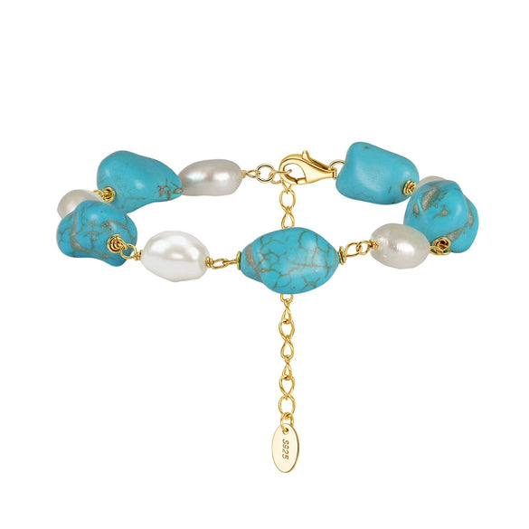 Wholesale Women's Simple Geometric 925 Silver Electroplated Natural Freshwater Pearl Turquoise Bracelet