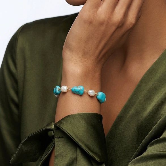Wholesale Women's Simple Geometric 925 Silver Electroplated Natural Freshwater Pearl Turquoise Bracelet