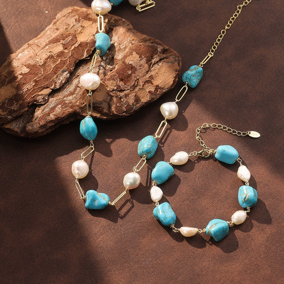 Wholesale Women's Simple Geometric 925 Silver Electroplated Natural Freshwater Pearl Turquoise Bracelet