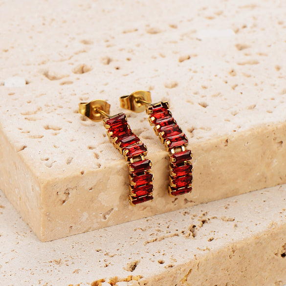 Wholesale Women's Simple Geometric Square Long Zircon Stainless Steel Electroplated Stud Earrings