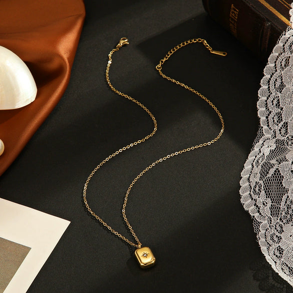 Wholesale Women's Simple Geometric Square Pendant Necklace 14K Gold Plated Titanium Steel With Gold Inlaid Design