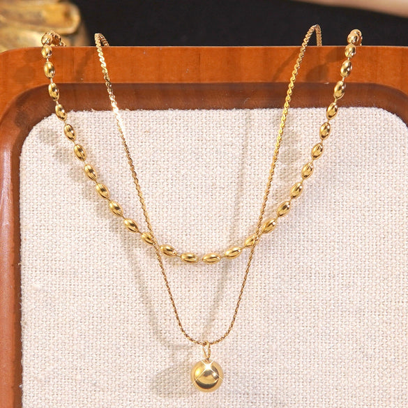 Wholesale Women's Simple Geometric Stainless Steel Ball Chain Necklace And Earrings Set 18K Goldplated