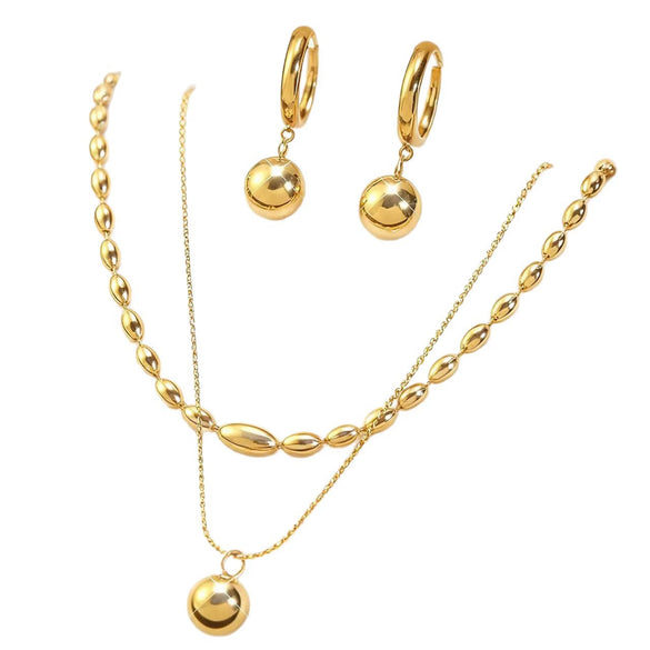 Wholesale Women's Simple Geometric Stainless Steel Ball Chain Necklace And Earrings Set 18K Goldplated