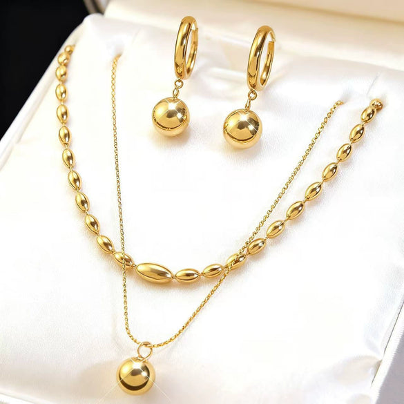Wholesale Women's Simple Geometric Stainless Steel Ball Chain Necklace And Earrings Set 18K Goldplated