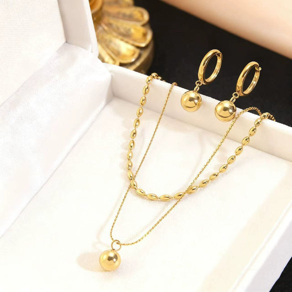Wholesale Women's Simple Geometric Stainless Steel Ball Chain Necklace And Earrings Set 18K Goldplated