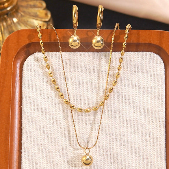 Wholesale Women's Simple Geometric Stainless Steel Ball Chain Necklace And Earrings Set 18K Goldplated