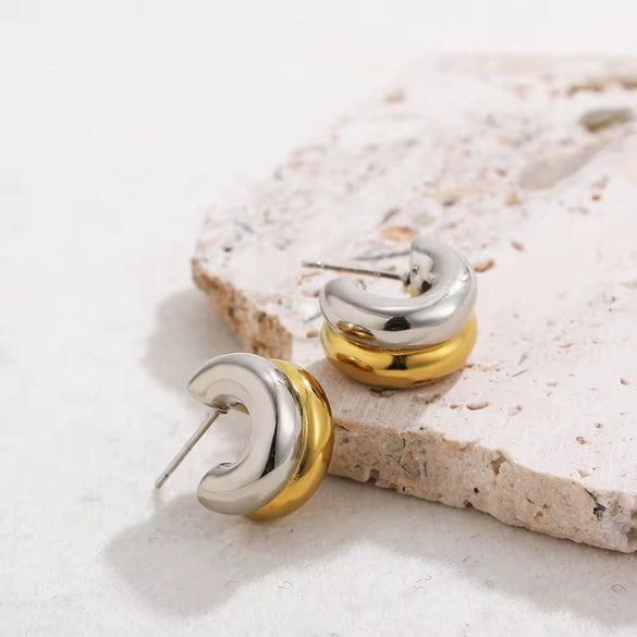 Wholesale Women's Simple Geometric Stainless Steel Electroplated Double Layer C Shaped Semicircle Curved Arc Earrings With Gold And Silver Color Matching