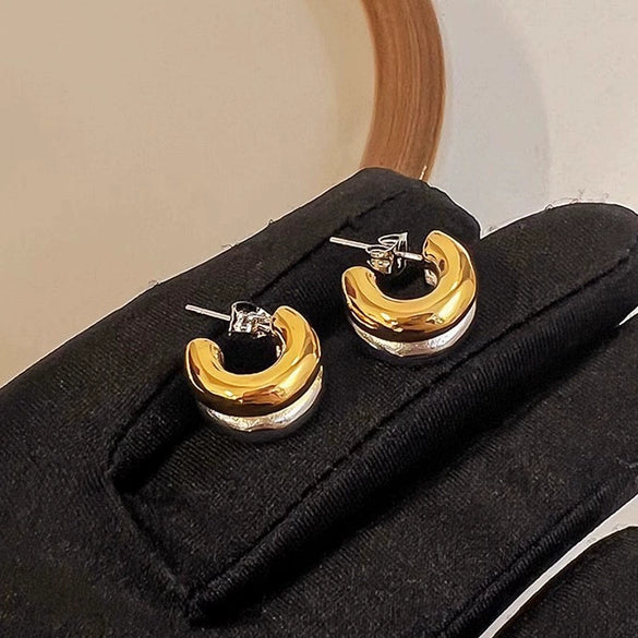 Wholesale Women's Simple Geometric Stainless Steel Electroplated Double Layer C Shaped Semicircle Curved Arc Earrings With Gold And Silver Color Matching