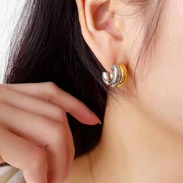 Wholesale Women's Simple Geometric Stainless Steel Electroplated Double Layer C Shaped Semicircle Curved Arc Earrings With Gold And Silver Color Matching