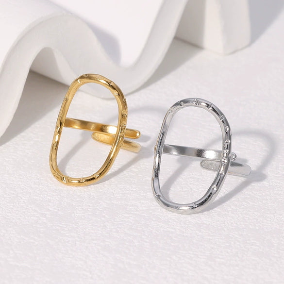 Wholesale Women's Simple Geometric Stainless Steel Electroplated Hammered Oval Hollow Open Ring Jewelry