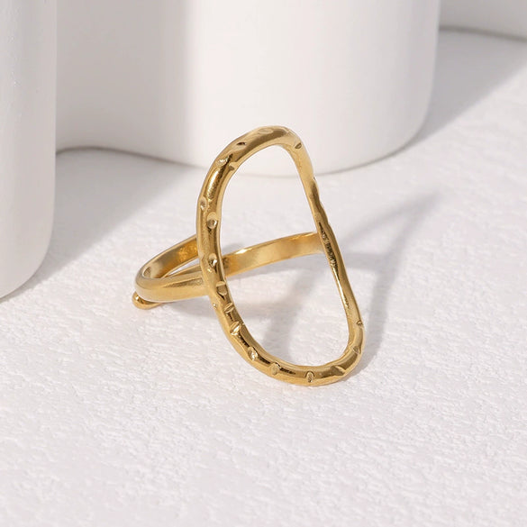 Wholesale Women's Simple Geometric Stainless Steel Electroplated Hammered Oval Hollow Open Ring Jewelry
