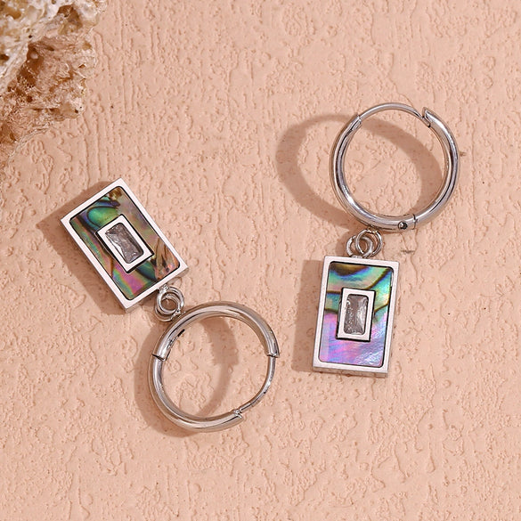 Wholesale Women's Simple Geometric Stainless Steel Electroplated Rectangular Pendant Earrings With Natural Abalone Shell And Zircon