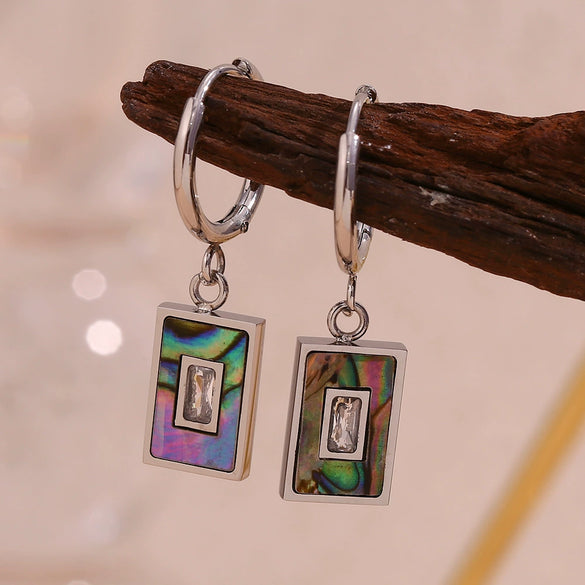 Wholesale Women's Simple Geometric Stainless Steel Electroplated Rectangular Pendant Earrings With Natural Abalone Shell And Zircon