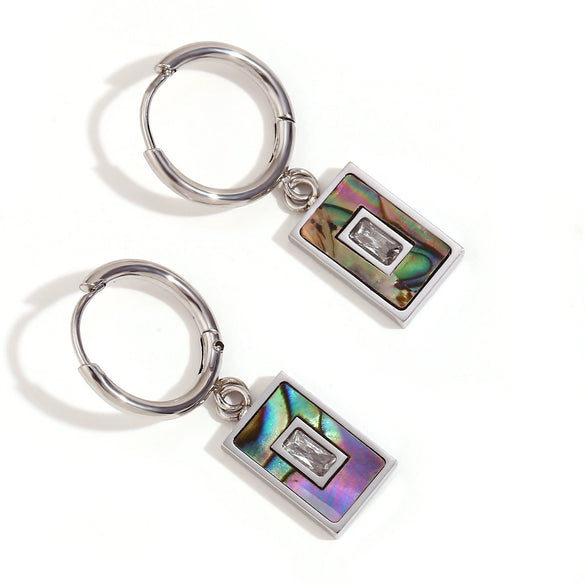 Wholesale Women's Simple Geometric Stainless Steel Electroplated Rectangular Pendant Earrings With Natural Abalone Shell And Zircon