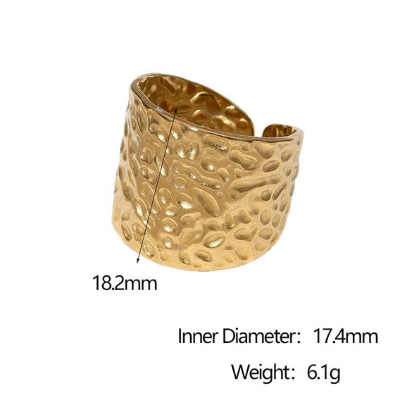 Wholesale Women's Simple Geometric Stainless Steel Hammered 18K Goldplated Open Ring Hand Jewelry