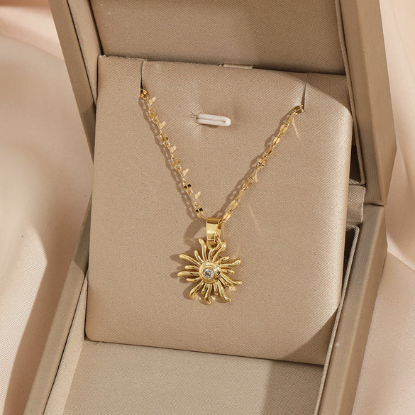 Wholesale Women's Simple Geometric Stainless Steel Sun Pendant Necklace With Mixed Gemstone Setting And Electroplating