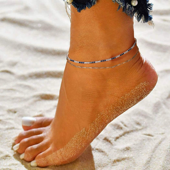 Wholesale Women's Simple Geometric 925 Sterling Silver Anklet Inlaid With Blue And White Zircon