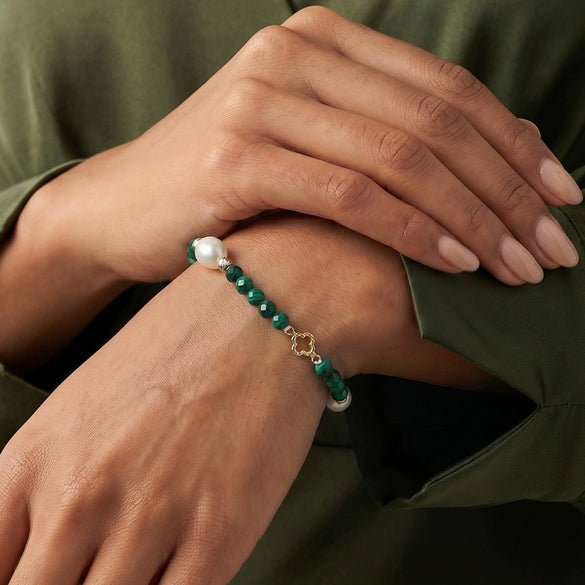 Wholesale Women's Simple Geometric Style Electroplated Silver Malachite Gemstone Bracelet