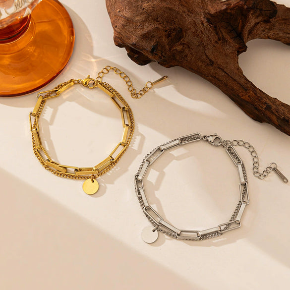 Wholesale Women's Simple Geometric Titanium Steel Electroplated Doublelayer Disc Bracelet Jewelry