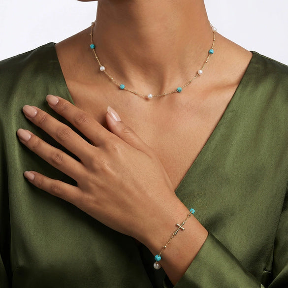 Wholesale Women's Simple Geometric Turquoise Freshwater Pearl Silver Electroplated Bracelet