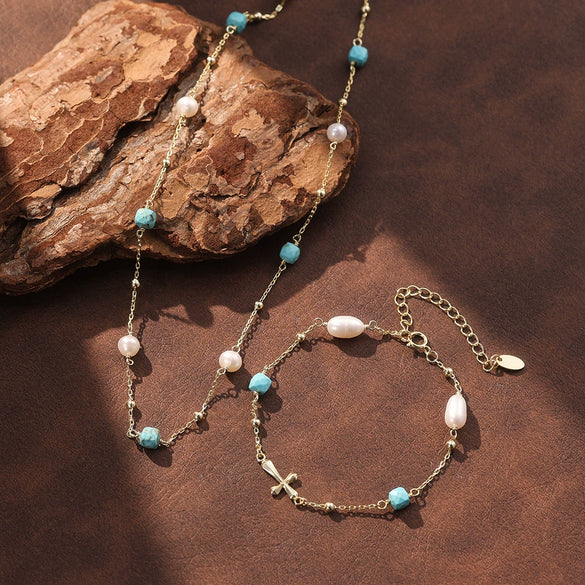 Wholesale Women's Simple Geometric Turquoise Freshwater Pearl Silver Electroplated Bracelet