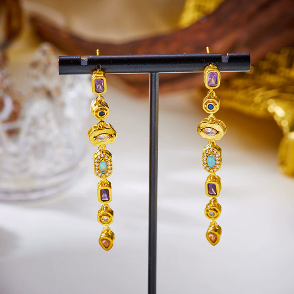 Wholesale Women's Simple Geometric Ushaped Alloy Steel Electroplated Rhinestone Colorful Tassel Earrings