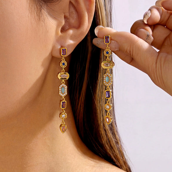 Wholesale Women's Simple Geometric Ushaped Alloy Steel Electroplated Rhinestone Colorful Tassel Earrings