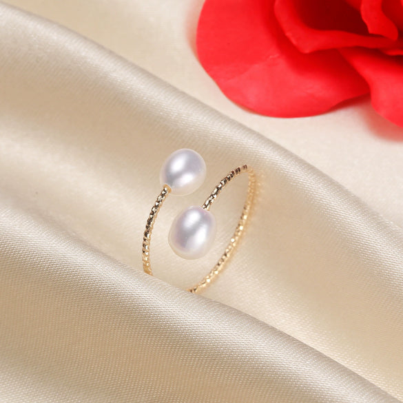 Wholesale Women's Simple Goldfilled Alloy Freshwater Pearl Beads Ring With Rice And Droplet Shapes