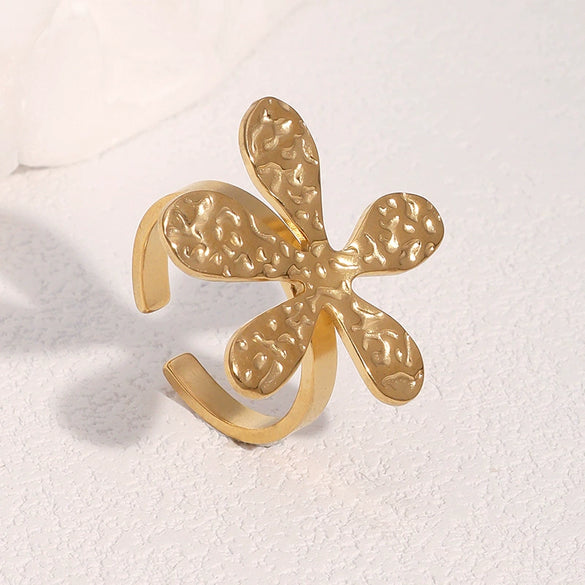 Wholesale Women's Simple Hammered Flower Electroplated Stainless Steel Open Ring Bracelet