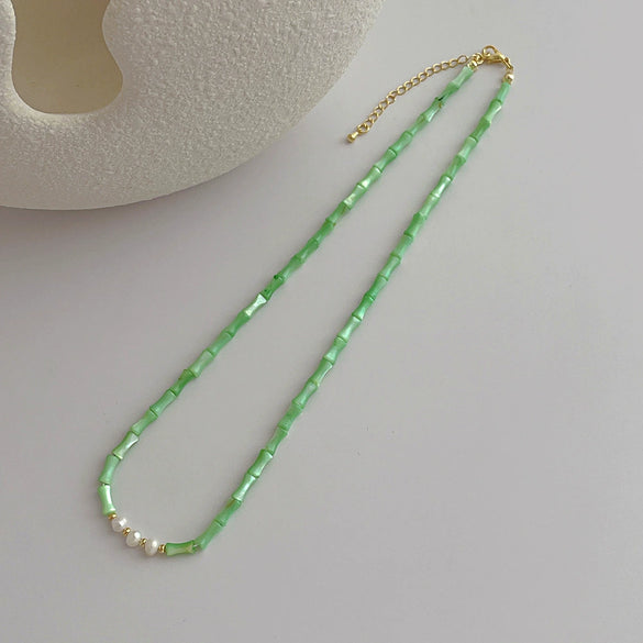 Wholesale Women's Simple Handmade Bamboo Chain Shell Natural Pearl Clavicle Necklace With Geometric Pattern