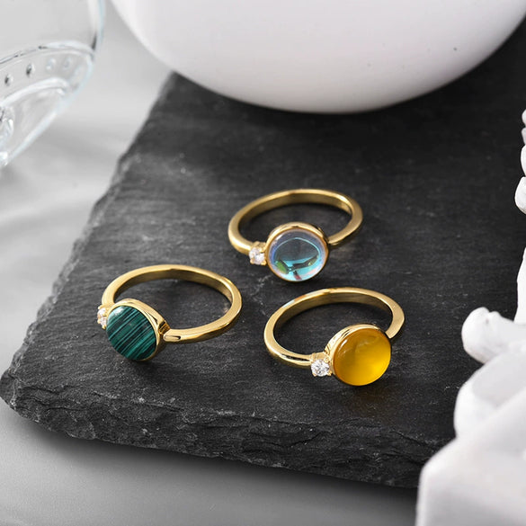 Wholesale Women's Simple Hemispherical Natural Stone Copper Ring With Geometric Pattern And Gold Inlaid Jewelry