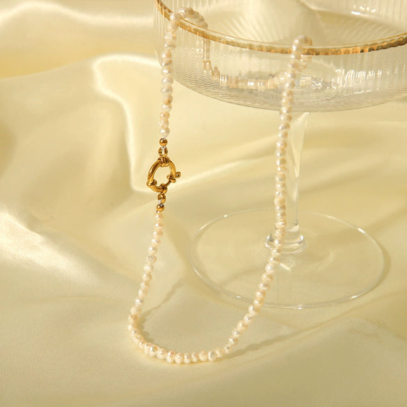 Wholesale Women's Simple High Sense Natural Freshwater Pearl Necklace With Titanium Steel Water Wave Buckle And Handmade Stainless Steel Jewelry