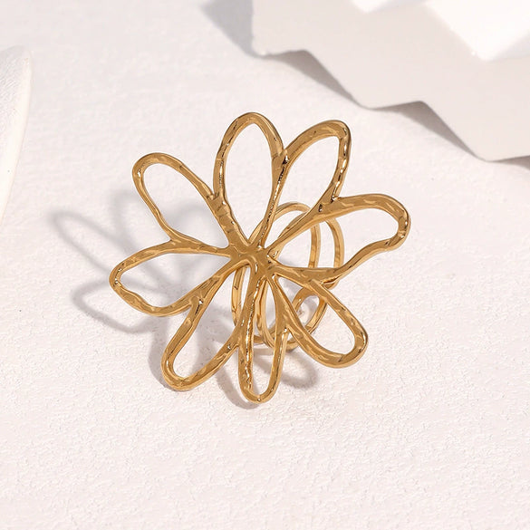Wholesale Women's Simple Hollow Flower Electroplated Stainless Steel Ring Hand Jewelry