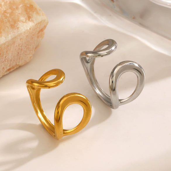 Wholesale Women's Simple Hollow Stainless Steel Water Drop Ring With Retro Opening Design And Electroplating Treatment