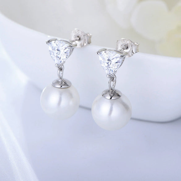 Wholesale Women's Simple Light Luxury Geometric Heartshaped Sterling Silver Zircon Earrings Inlaid With Pearls