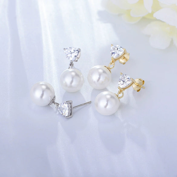 Wholesale Women's Simple Light Luxury Geometric Heartshaped Sterling Silver Zircon Earrings Inlaid With Pearls