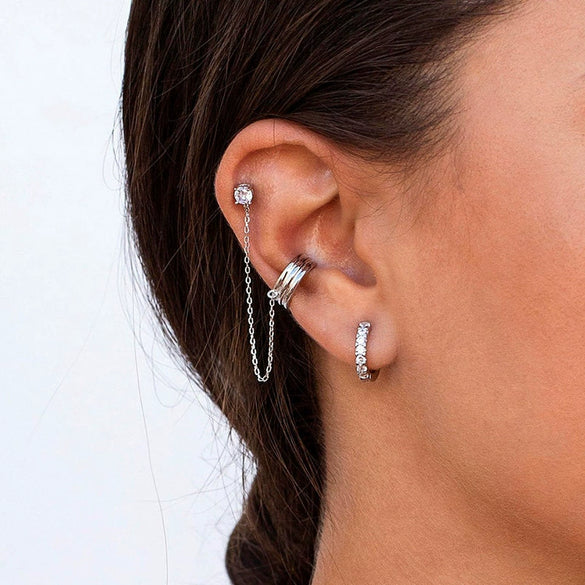 Wholesale Women's Simple Long Tassel Ear Clips Silver Needle Copper Geometric Zircon Electroplated Earrings