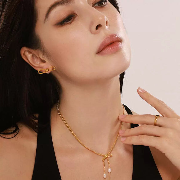 Wholesale Women's Simple Minimalist Ferris Wheel Pendant Necklace And Earrings Jewelry Set With Copper Freshwater Pearl And Titanium Steel Electroplated